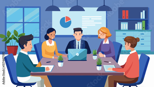 Vector art of colleagues actively participate in a business meeting, focusing on a presentation
