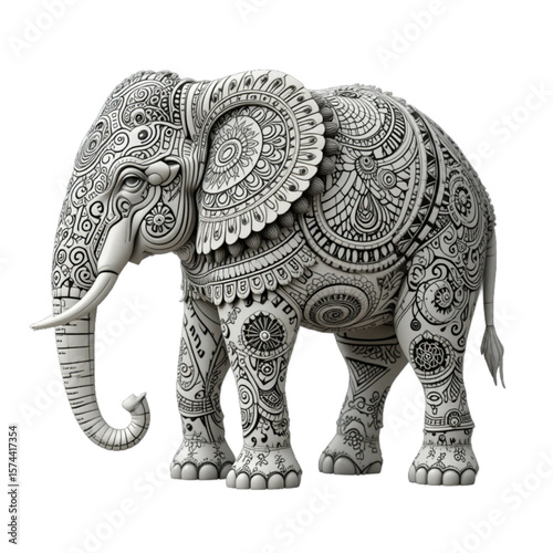an elephant fully decorated with complex mandala and tribal motifs.