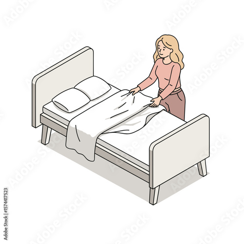 Young woman making her bed with white linens in minimalist bedroom, white background, isolated, vector    