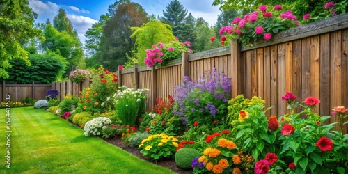 Fototapeta Naklejka Na Ścianę i Meble -  Lush greenery and vibrant flowers blooming in a well-maintained back garden with a wooden fence
