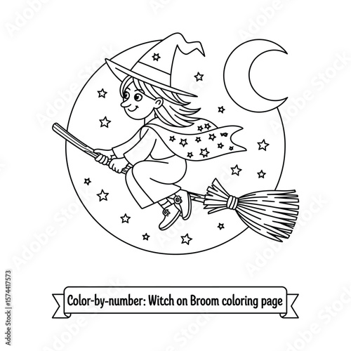 Whimsical witch flying on a broomstick across moonlit sky with bats and village in black and white coloring page