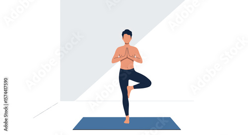Minimalist Yoga Tree Pose Illustration: Man Practicing Balance and Meditation