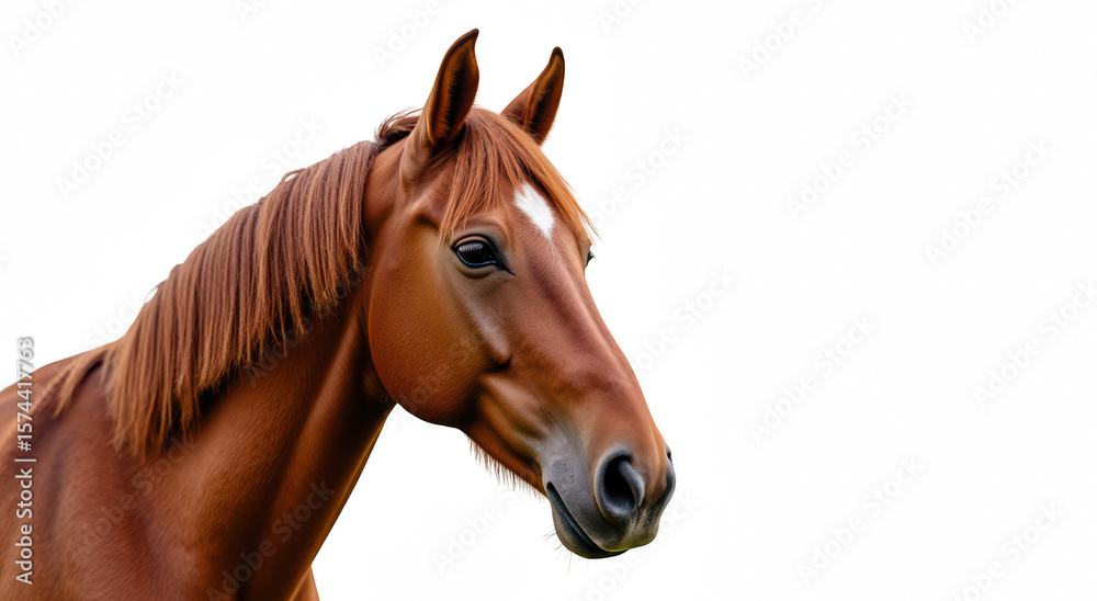 Detailed portrait of brown horse with flowing mane, showcasing its expressive eyes and strong features, evokes sense of grace and beauty Detailed portrait of brown horse with flowing mane, showcasing its expressive eyes and strong features, evokes sense of grace and beauty