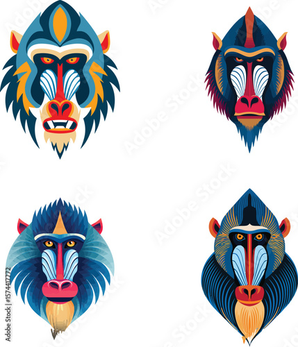 Four stylized mandrill monkey faces, vibrant colors on whitevector eps