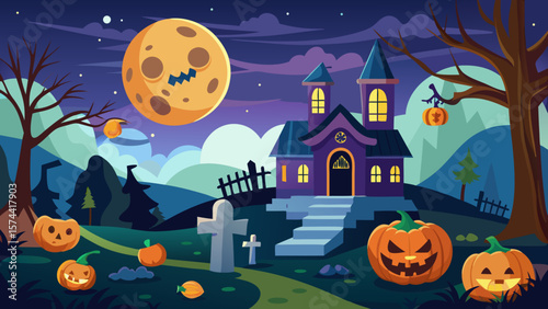 Vector art of a spooky haunted house glows under a large, grinning jackolantern moon on halloween night