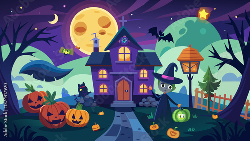 Vector art of a witch stands before a haunted house on halloween night with a jackolantern moon