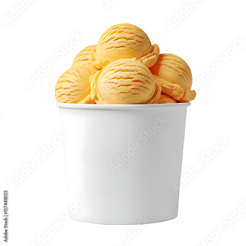 Scoops of orange ice cream in a white paper ice cream bucket mockup isolated on white background	