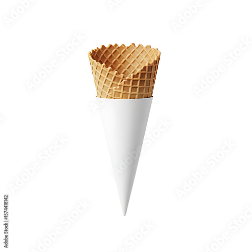 Empty wafer cone tied with a blank white paper sleeve for label mockup isolated on white background