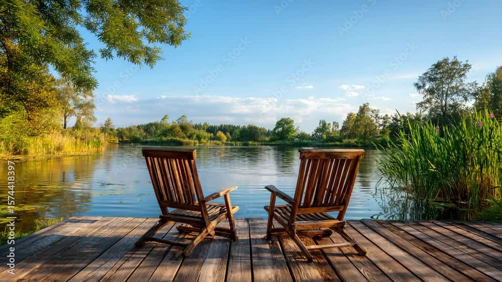 Relaxing lakeside view with wooden chairs and serene reflections Relaxing lakeside view with wooden chairs and serene reflections