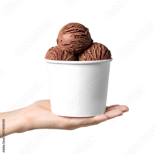 Hand holding a white ice cream quart tub mockup containing chocolate ice cream scoops isolated on white background