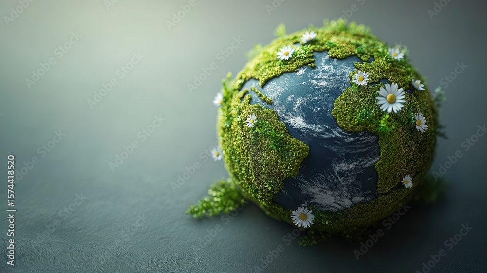Fototapeta premium Green Earth Globe Covered in Moss and Daisies green moss globe planet world flower daisy nature life