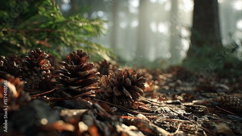 Forest floor with pine cones in sunlit mist