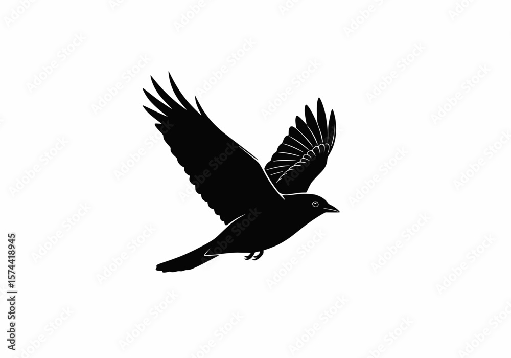 Obraz premium Vector of a single bird flying in the sky, solid dark color (black or navy), no background details, white background