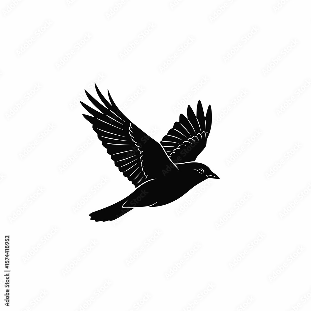 Obraz premium Vector of a single bird flying in the sky, solid dark color (black or navy), no background details, white background,vector style