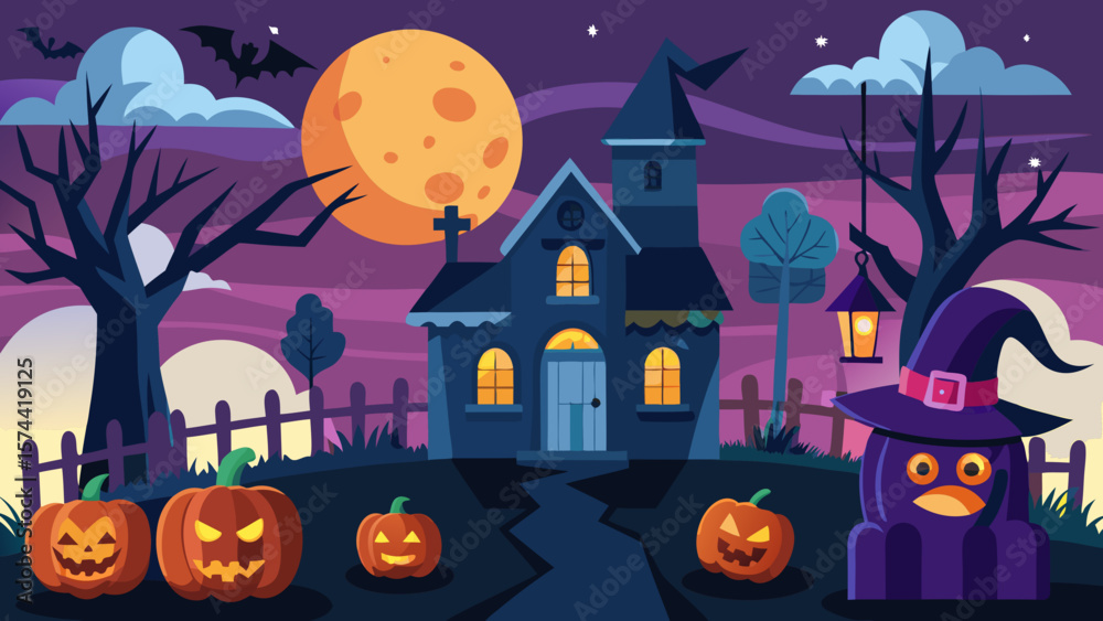 Fototapeta premium Vector art of a charming halloween scene with a haunted house, pumpkins, and a witch in a hat