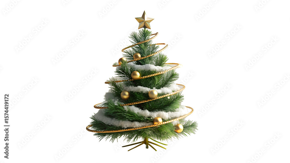 Fototapeta premium Decorated Christmas tree with gold ornaments on transparent background