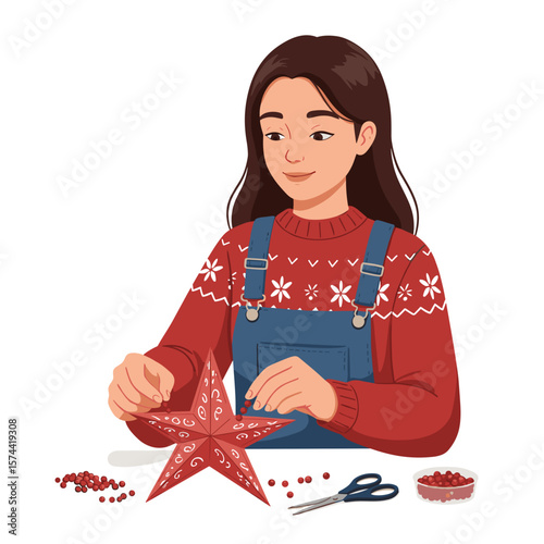 Young girl crafting a red star decoration for Christmas holiday, white background, isolated, vector  