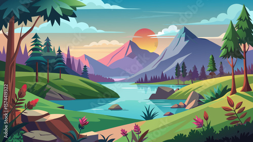 Vector art of a serene landscape illustration with towering mountains, a flowing river, and verdant hills bathed in the warm glow of a sunset
