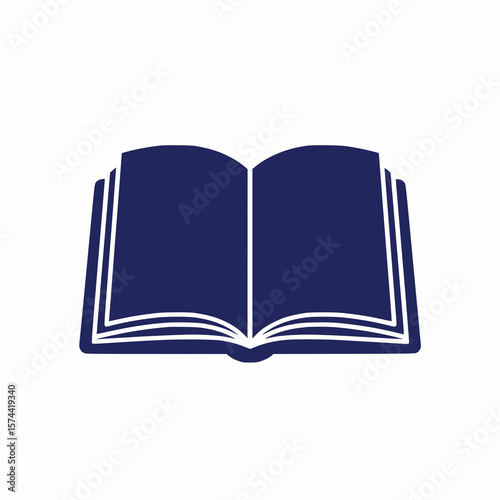 Open book icon, solid navy blue, white background