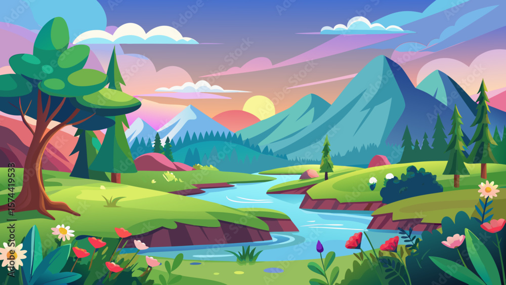 Fototapeta premium Vector art of a vibrant cartoon landscape with a winding river flowing through a valley towards majestic mountains at sunset
