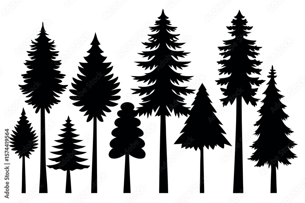 Obraz premium Pine Tree Silhouette Collection Isolated on White Background – Vector Set 