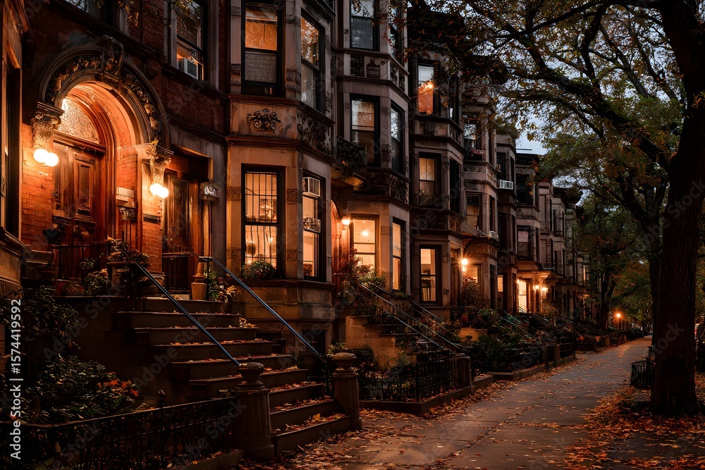 Fototapeta premium Brownstone Buildings Lined Street at Dusk.