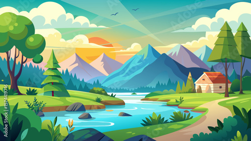Vector art of a picturesque landscape illustration featuring mountains, a river, and a small house