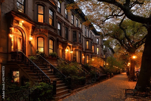 Charming Brownstone Row Houses on Autumn Evening.