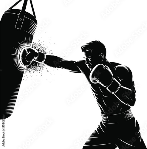Boxer hitting punching bag boxing training