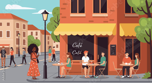 Vibrant Urban Cafe Street Scene with Diverse People - Flat Design Illustration