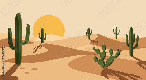 Arid Desert Landscape Illustration with Cacti, Sand Dunes, and Sun