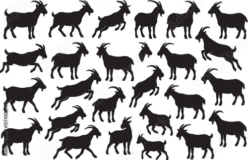 Black goat silhouettes in various poses white animal