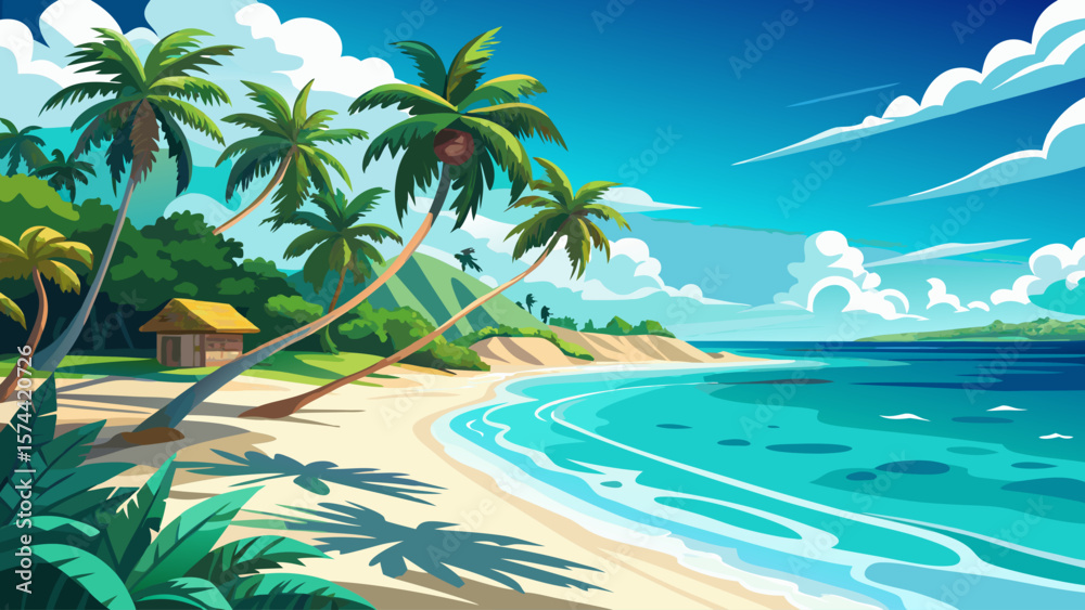 Obraz premium Zanzibar Beach, Tanzania – Powder‑soft white sand curves gently into turquoise sea. Palm fronds sway overhead, casting rhythmic shadows across tropical paradise.