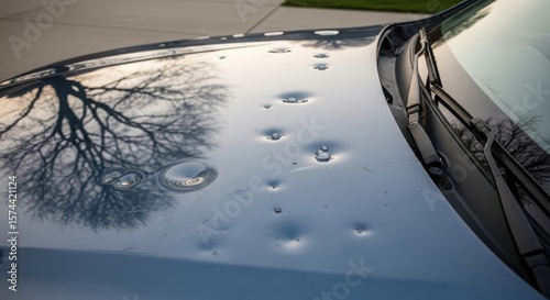 A close-up view of a car hood with multiple dents caused by hail. Water droplets are visible on the surface, reflecting a tree's shadow.