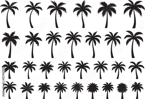 Black palm trees silhouette collection tropical beach