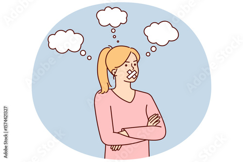Woman with mouth sealed stands with arms crossed arranging boycott due to resentment or censorship