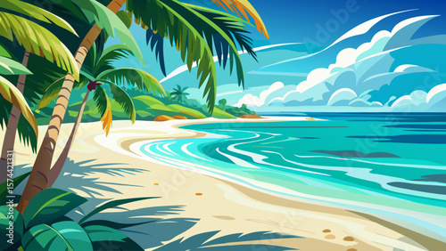 Zanzibar Beach, Tanzania – Powder‑soft white sand curves gently into turquoise sea. Palm fronds sway overhead, casting rhythmic shadows across tropical paradise.