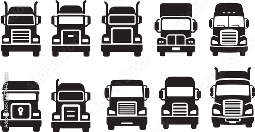 Ten semi truck icons front view black silhouette set