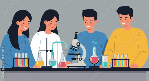 Science Education: Young Diverse Students Learning in Chemistry Lab Illustration