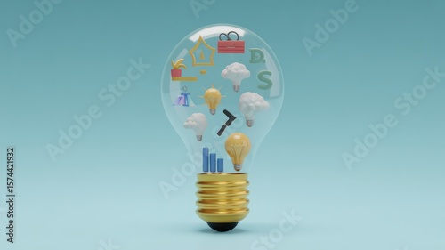 Illustration of a lightbulb filled with various objects on a light blue colored background