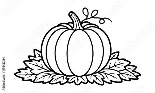 Autumn Pumpkin Line Art with Leaves ? Black and White Fall Harvest Vegetable Illustration for Coloring and Design