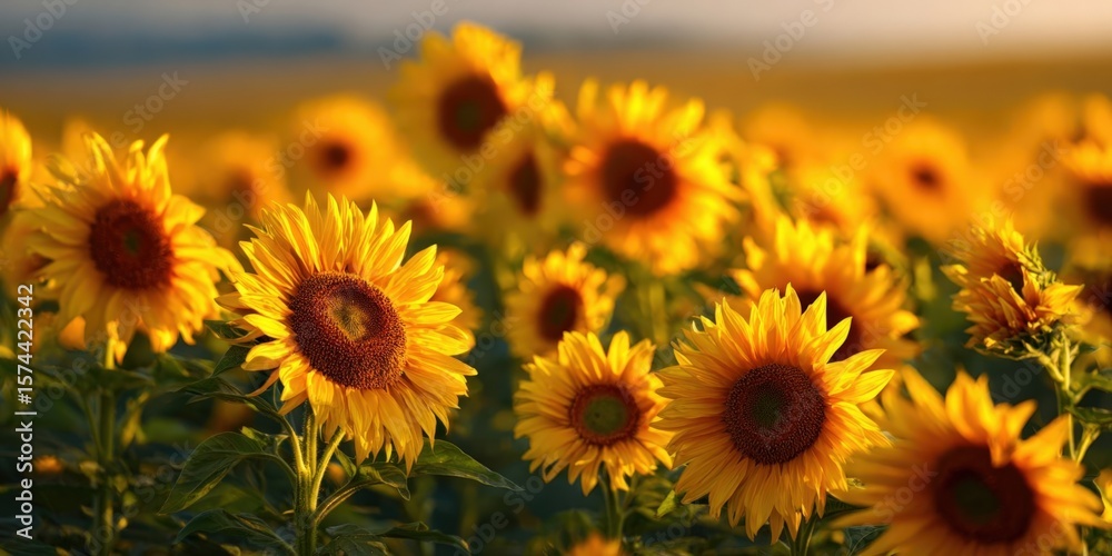 Obraz premium Sunflower Field at Sunset with Blooming Yellow Flowers in a Nature Landscape