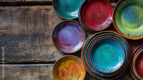 colorful mediterranean ceramic plates on rustic wood table top view