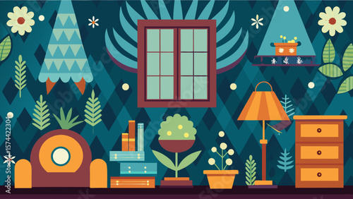 Vector art of a cozy room interior with a sofa, books, lamp, and plants in a flat design style