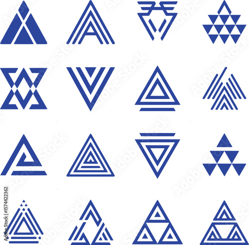 Blue geometric triangle shapes and patterns collection abstract