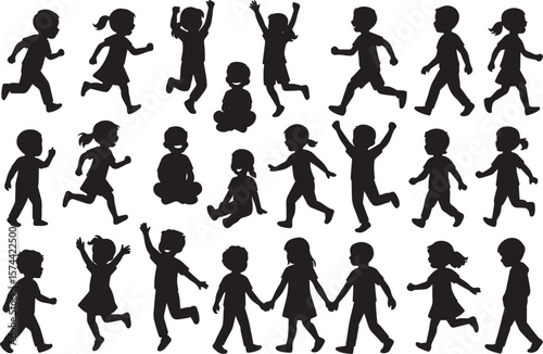 Children silhouettes playing running jumping black