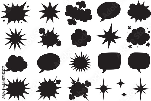 Comic book explosion speech bubbles and stars burst