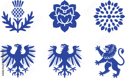 Blue heraldic emblems featuring thistle eagle and lion vector