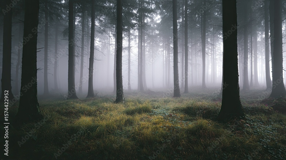 Obraz premium Misty forest with tall trees