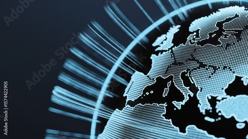 Digital world globe with glowing lines showing europe and africa on a dark blue background design